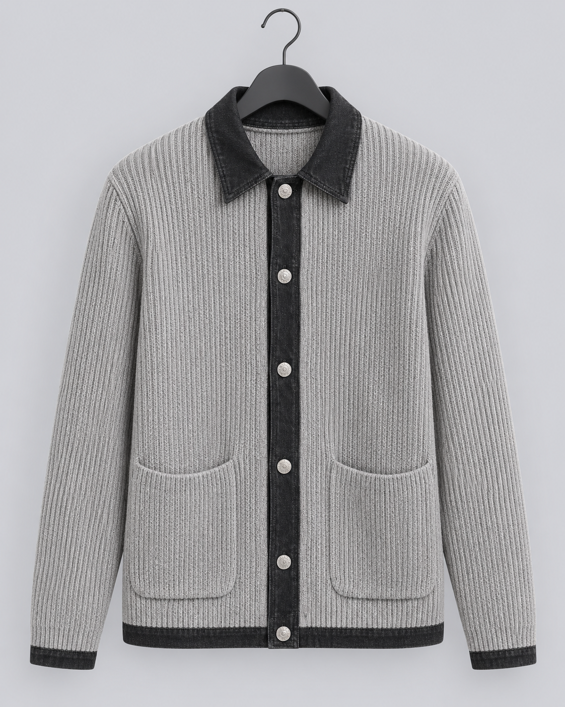 Men's Wool Knit Cardigan | Denim-Style Contrast Trim Jacket