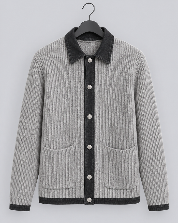 Men's Wool Knit Cardigan | Denim-Style Contrast Trim Jacket