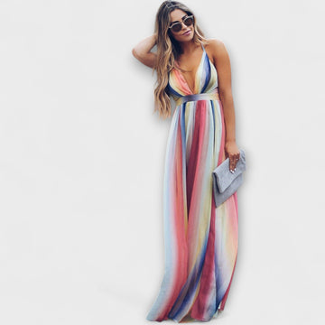 Multicolored Striped Women'S Dress With V-Neck