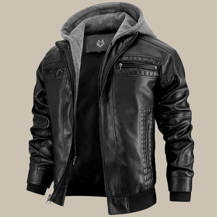 Men's Faux Leather Hooded Jacket – Zip Pockets, Regular Fit