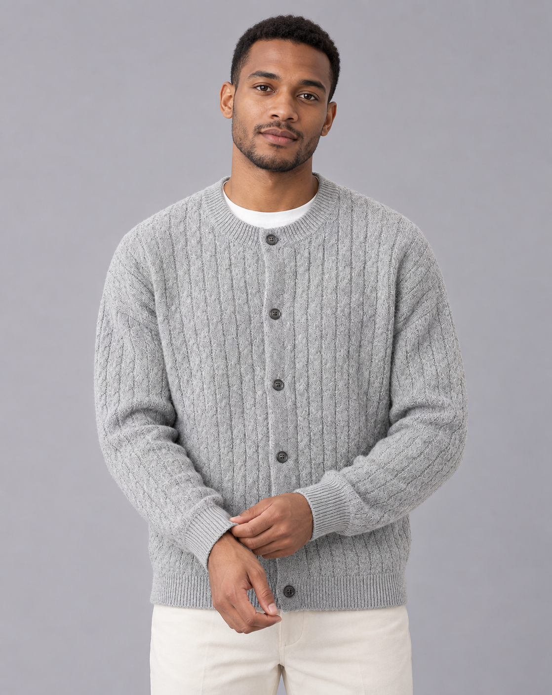 Men's Cable Knit Cardigan – Crew Neck, Six-Button Front, Ribbed Cuffs, Relaxed Fit
