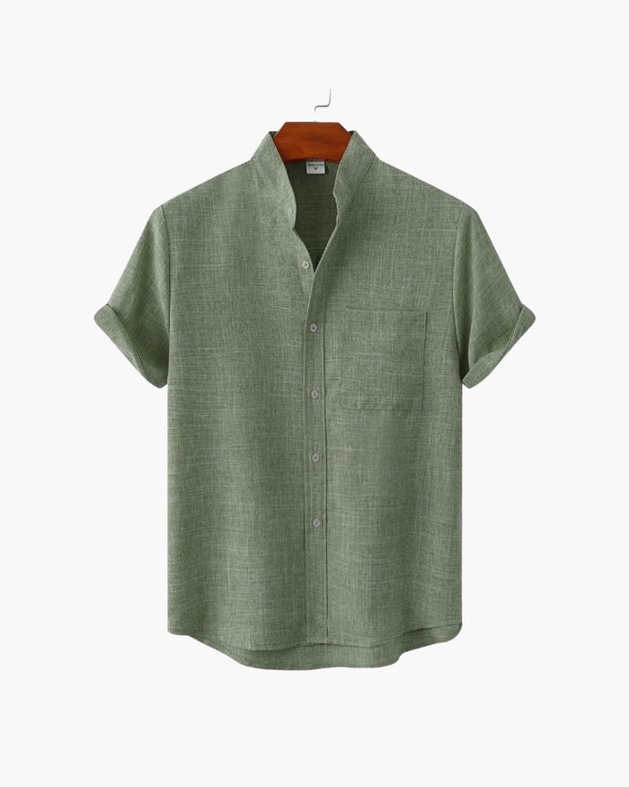 Men's Mandarin Collar Shirt – Short Sleeve, Chest Pocket