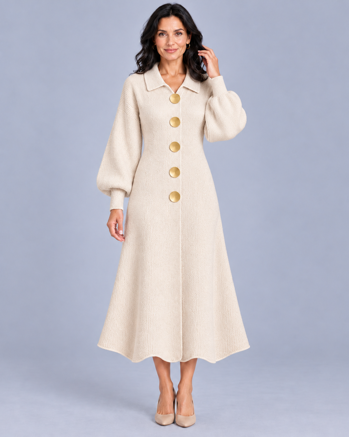 Women's Knitted Cardigan Dress with Puff Sleeves