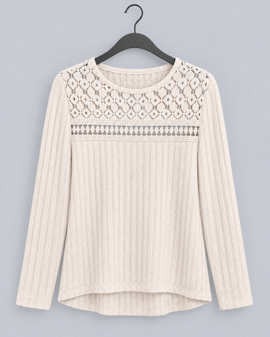 Women's Fitted Lace Ribbed Top | Crew Neck Long Sleeve Blouse
