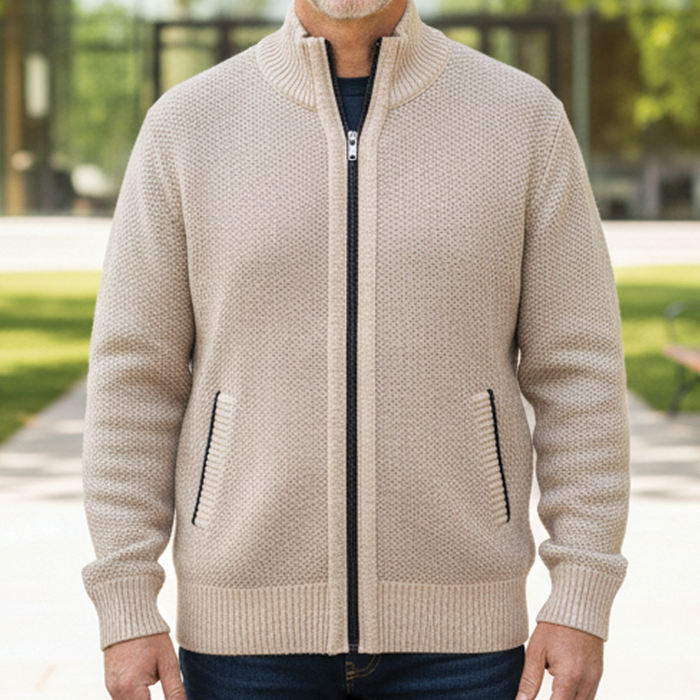 Men's Zip Cardigan – Mock Neck Cotton Knit, Regular Fit