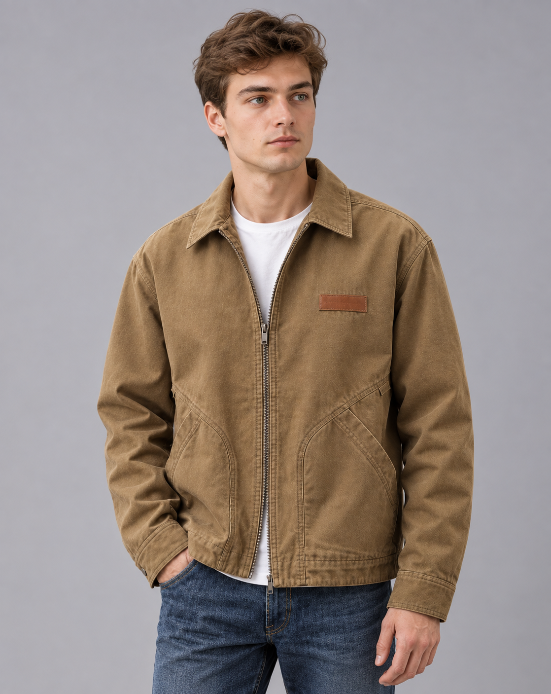 Men's Workwear Jacket in Cotton Blend – Zip Front, Point Collar, Angled Pockets, Relaxed Fit