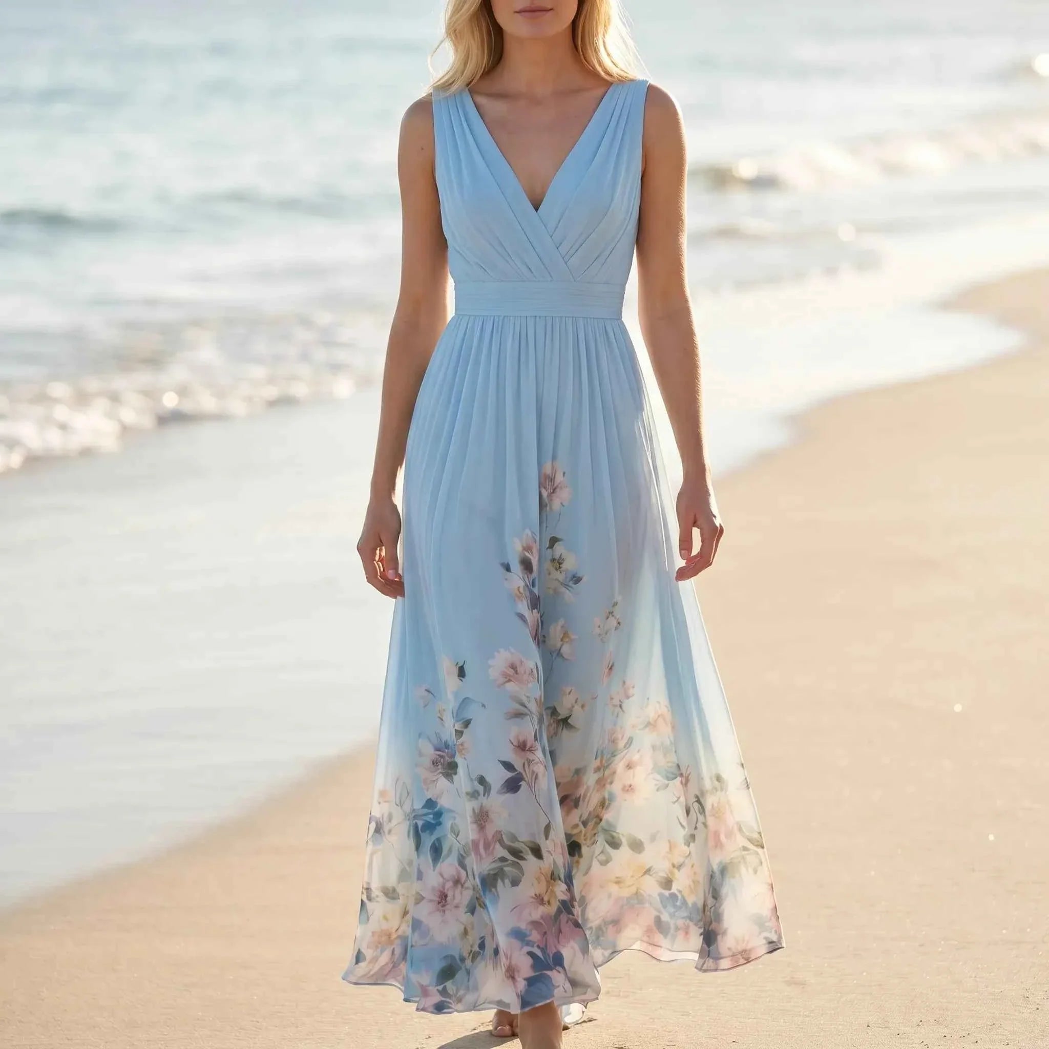 Women Light Blue Sleeveless Floral Maxi Dress
