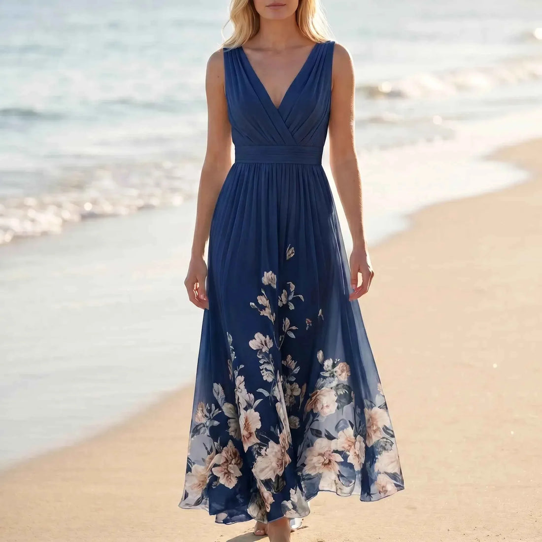 Women Light Blue Sleeveless Floral Maxi Dress