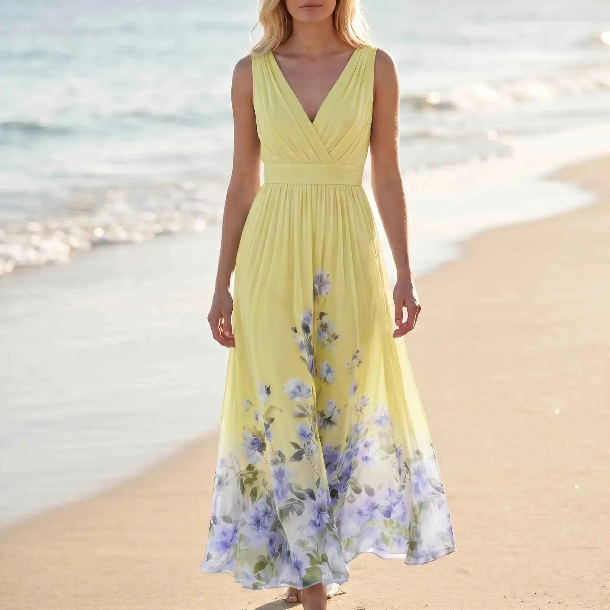 Women Light Blue Sleeveless Floral Maxi Dress