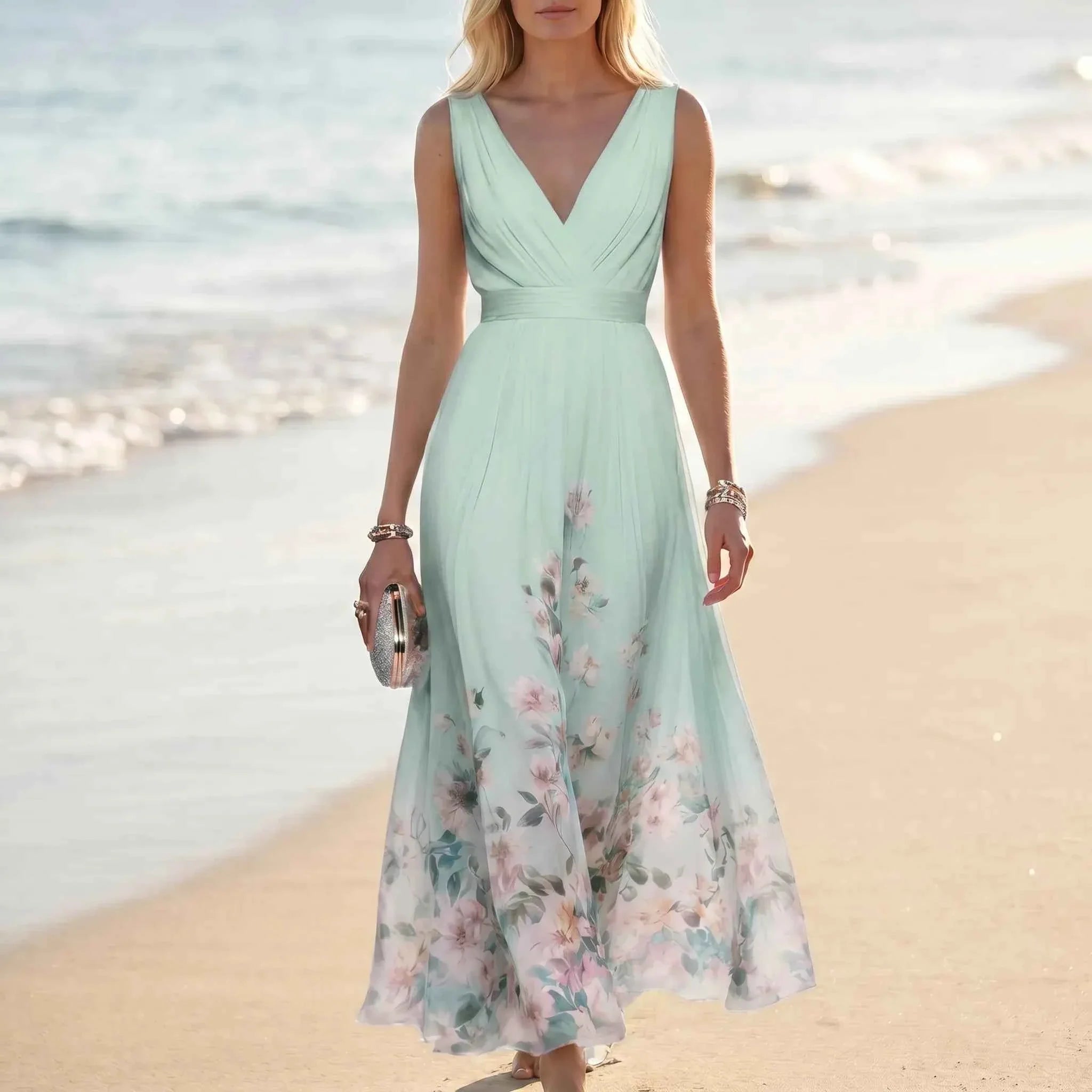 Women Light Blue Sleeveless Floral Maxi Dress