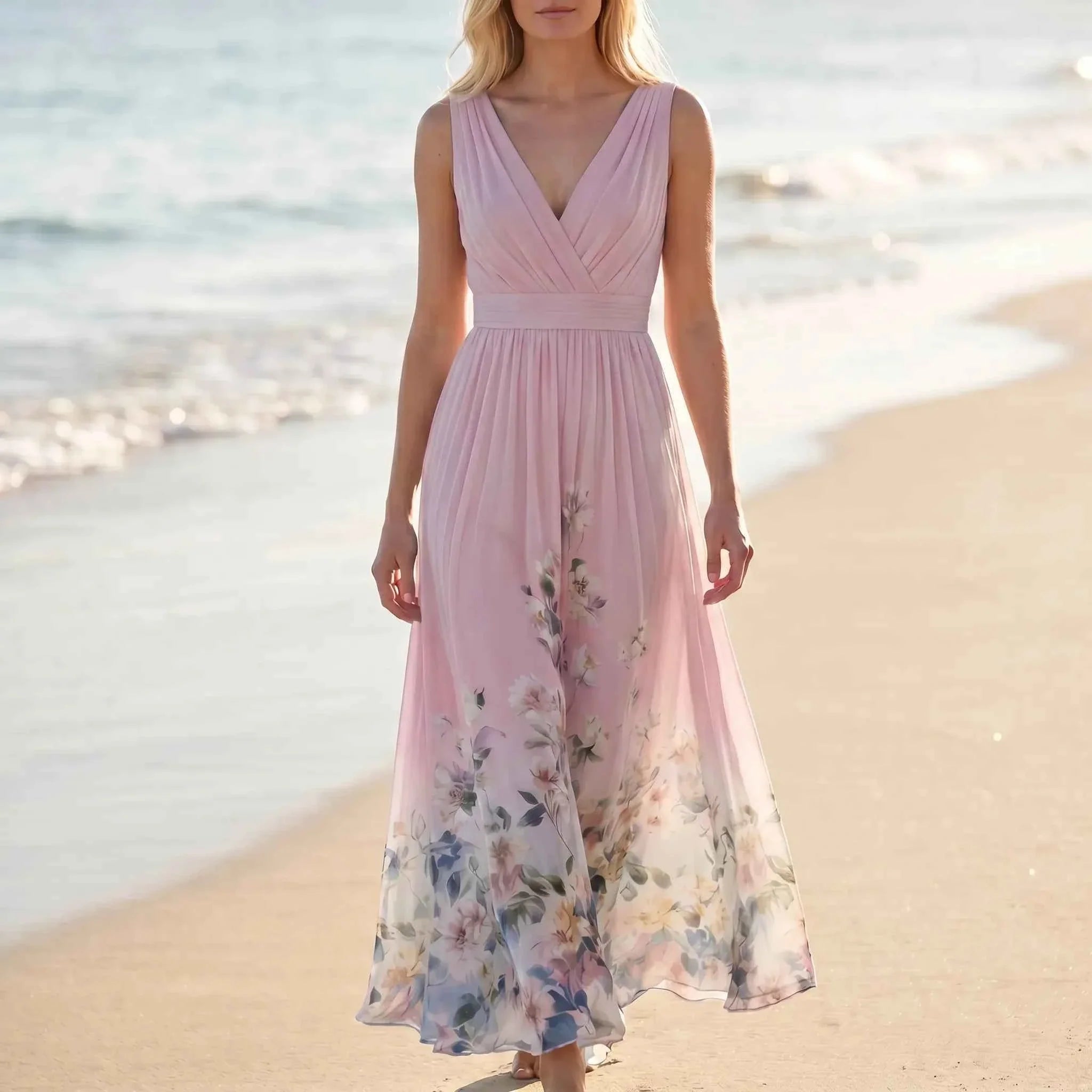Women Light Blue Sleeveless Floral Maxi Dress