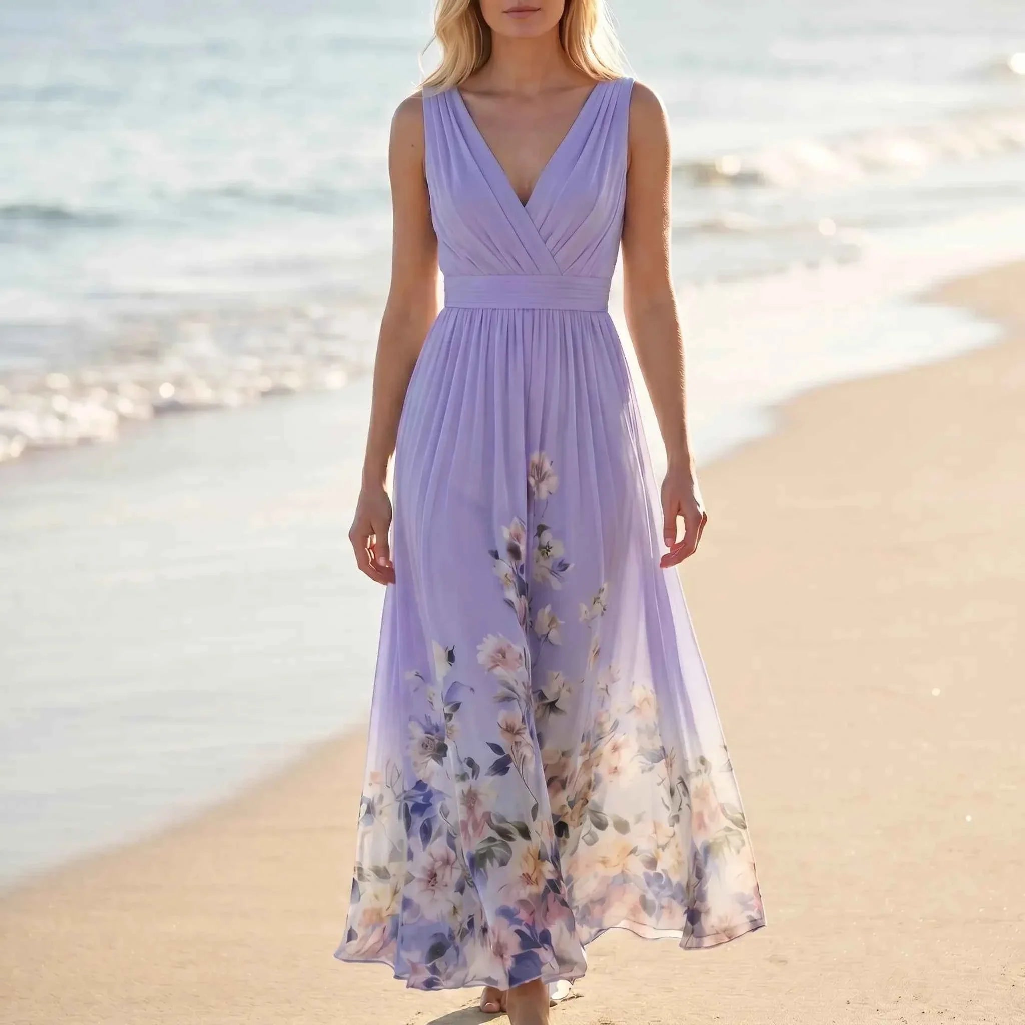 Women Light Blue Sleeveless Floral Maxi Dress