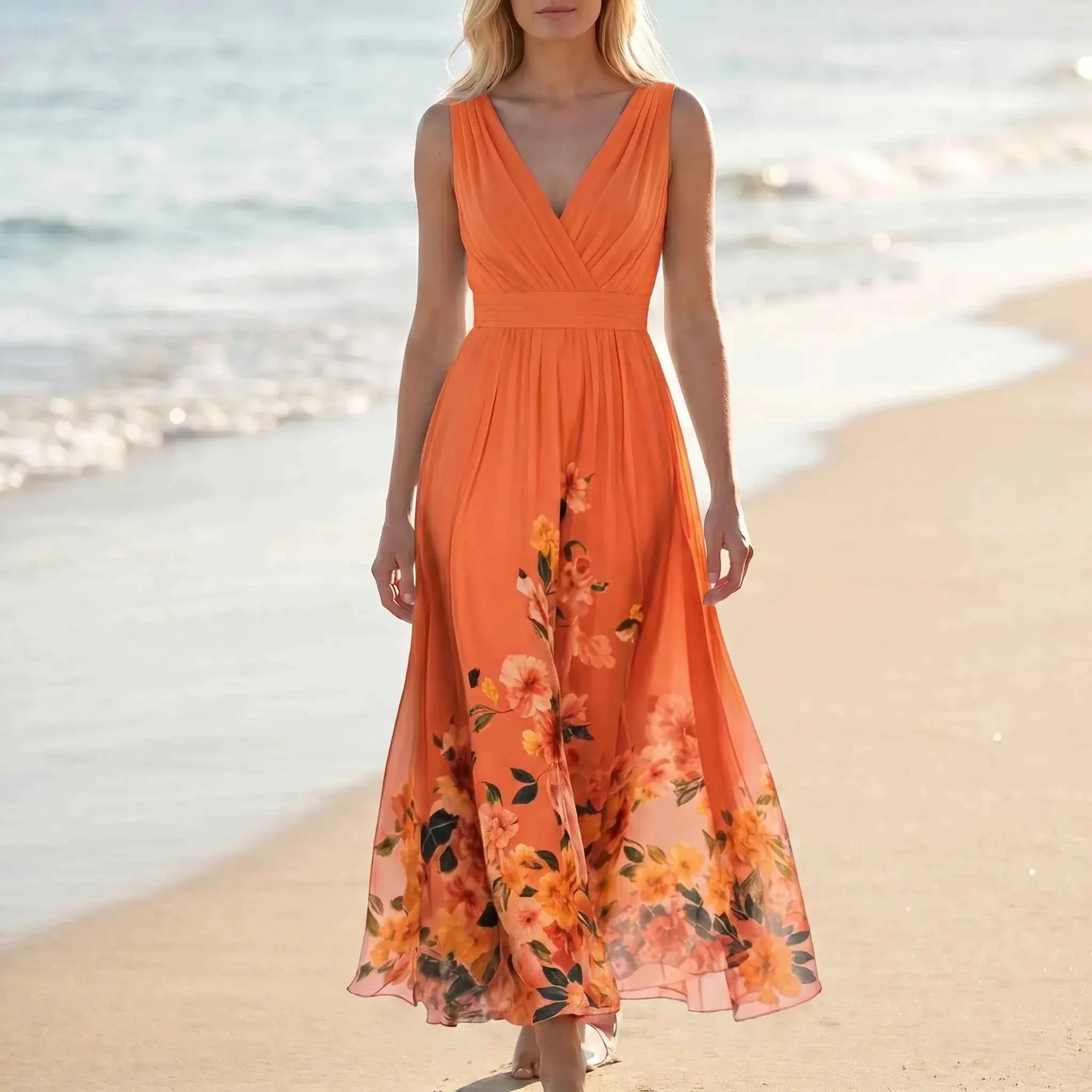 Women Light Blue Sleeveless Floral Maxi Dress