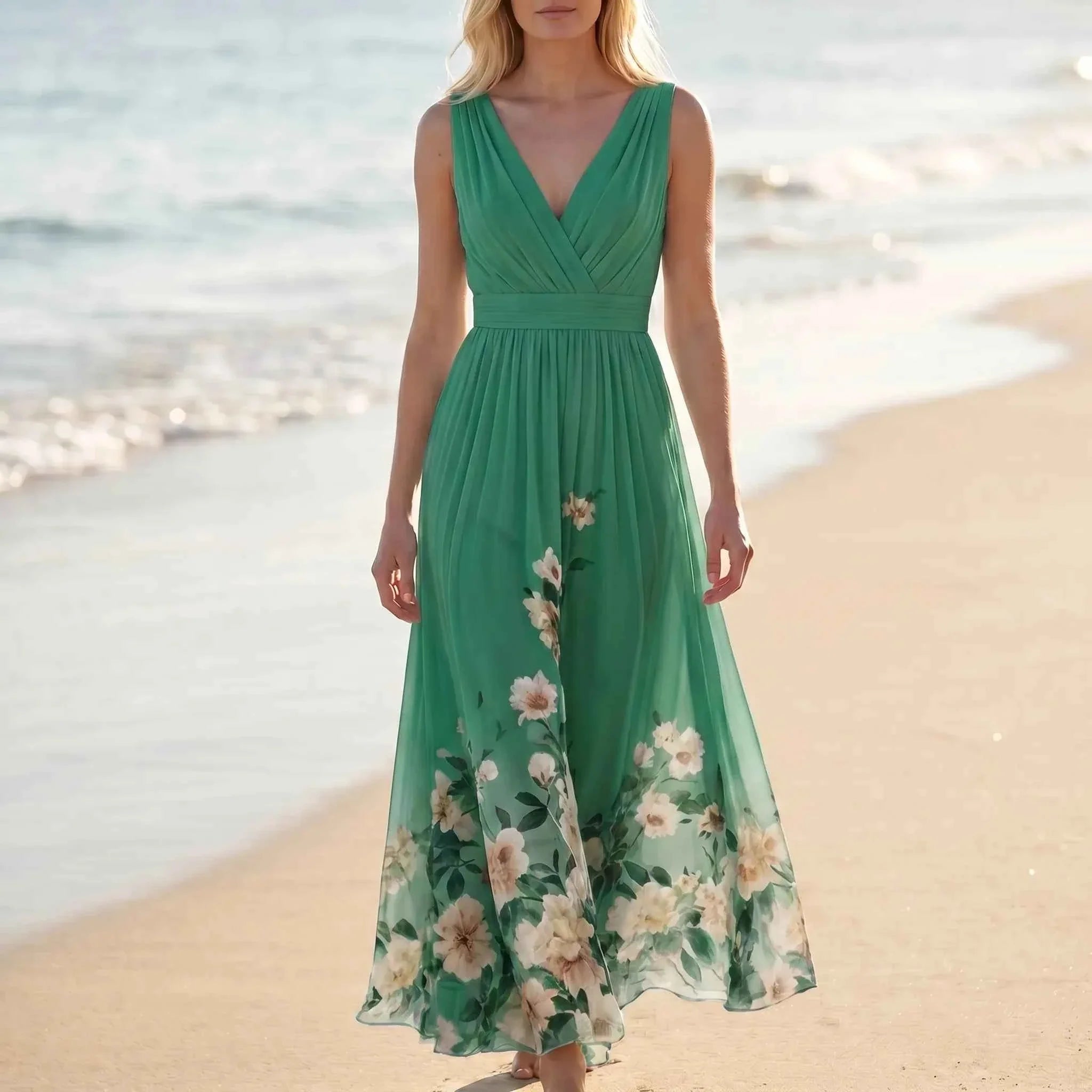 Women Light Blue Sleeveless Floral Maxi Dress