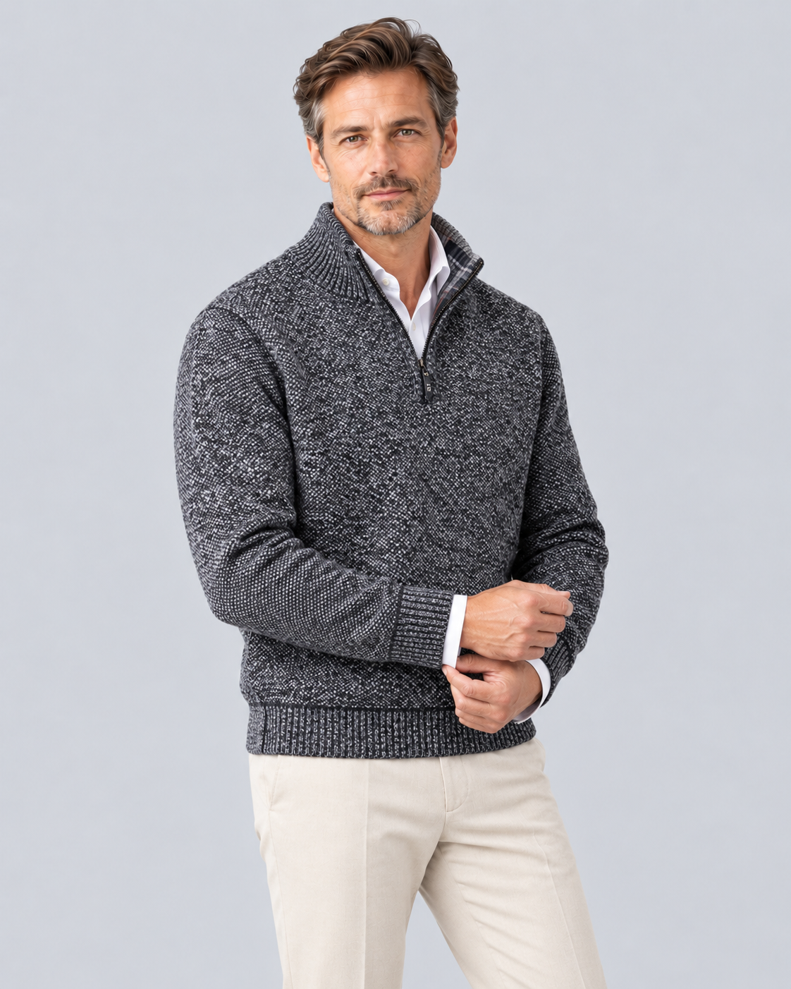 Men's Knitted Quarter Zip Jumper in Textured Polyester – Zip Stand Collar, Ribbed Cuffs & Hem