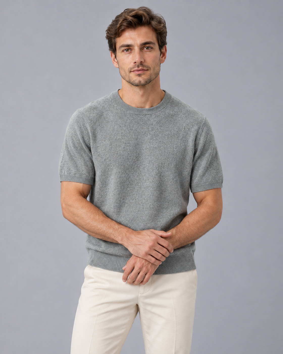 Men's 100% Cashmere Crew Neck T-Shirt with Short Sleeves and Ribbed Trims