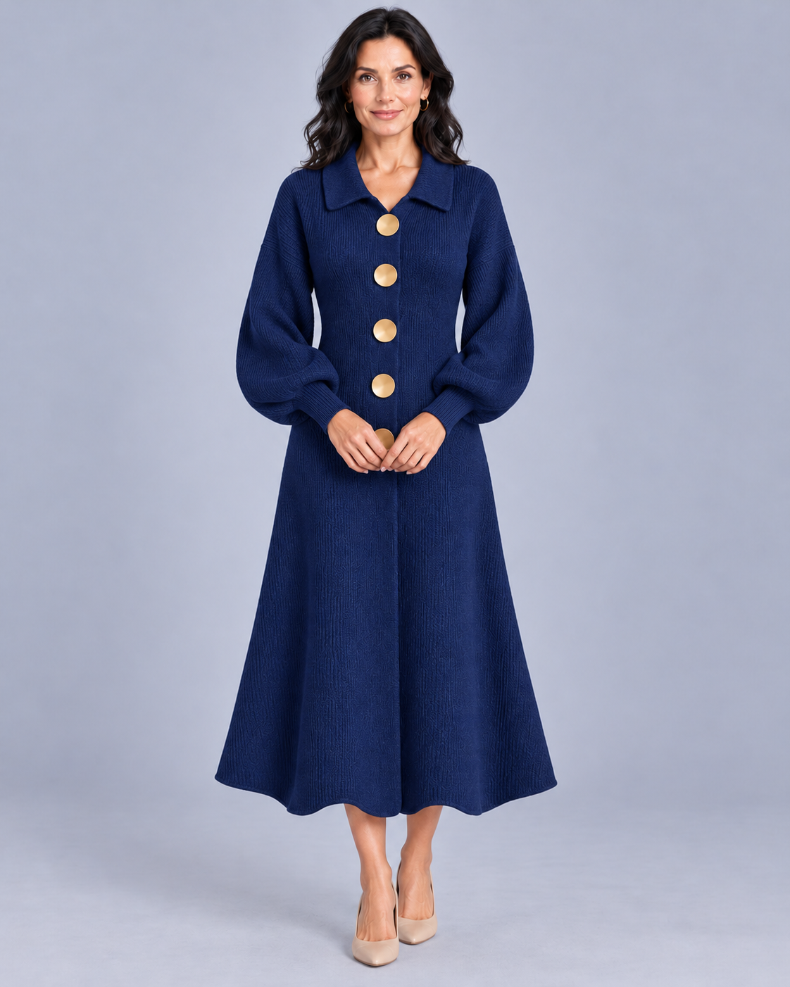 Women's Knitted Cardigan Dress with Puff Sleeves