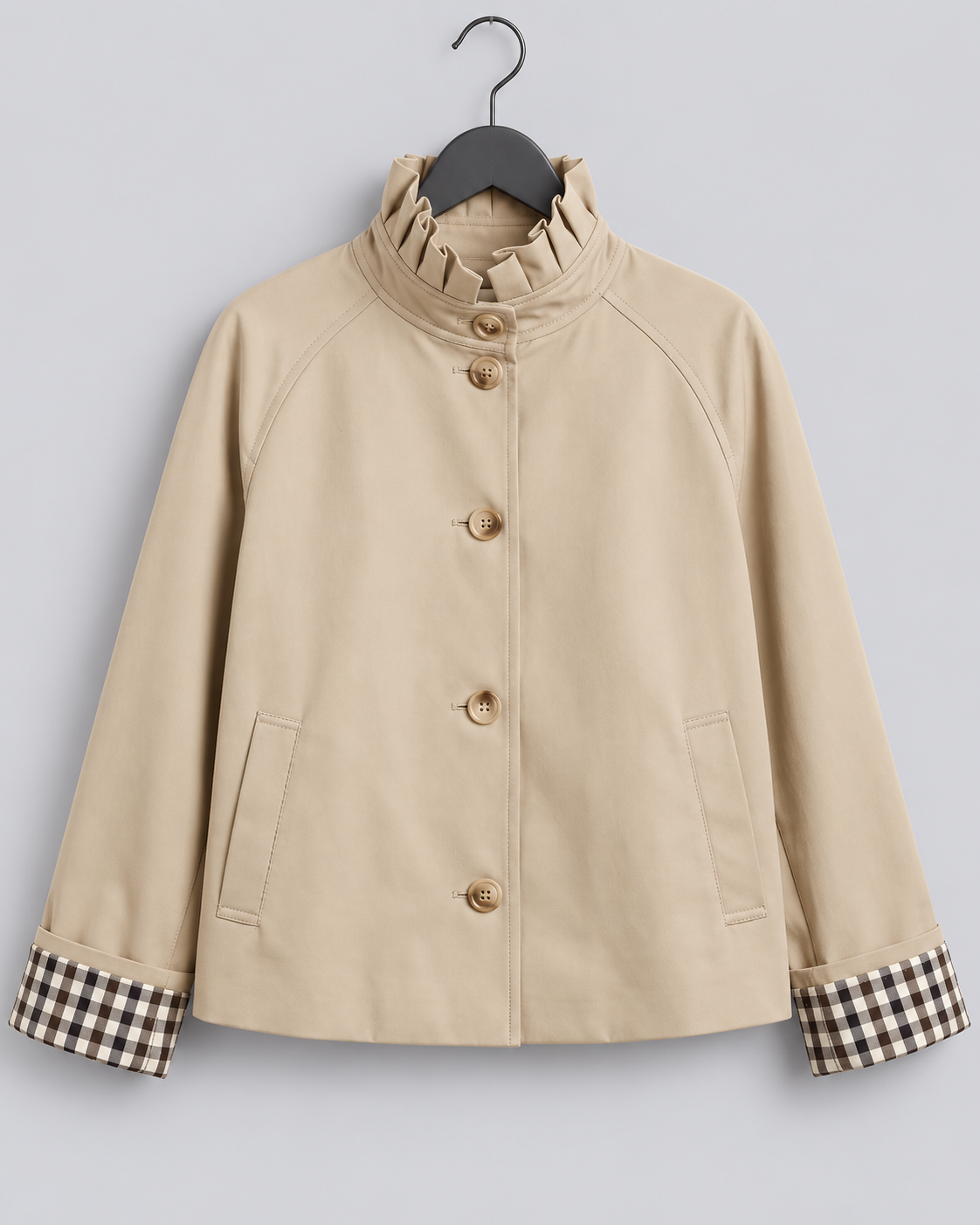 Women's Short Trench Coat – Ruffled High Collar, Button Front & Check Trim Cuffs
