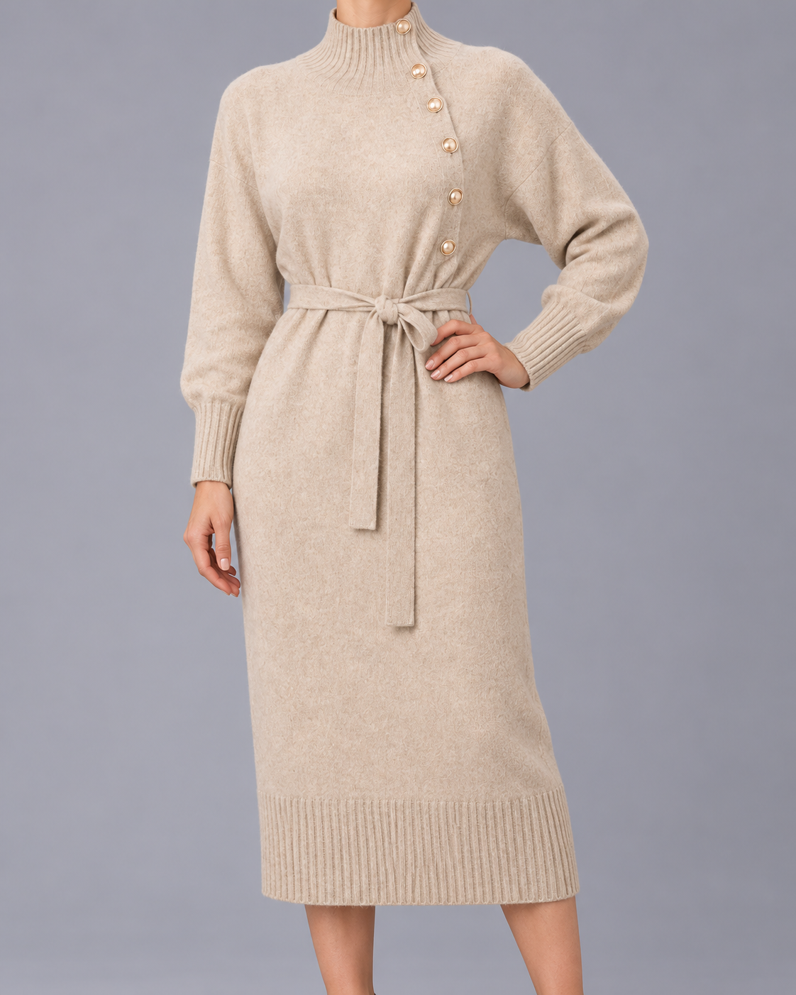 Women's Turtleneck Jumper Dress – Button Neck, Tie Waist