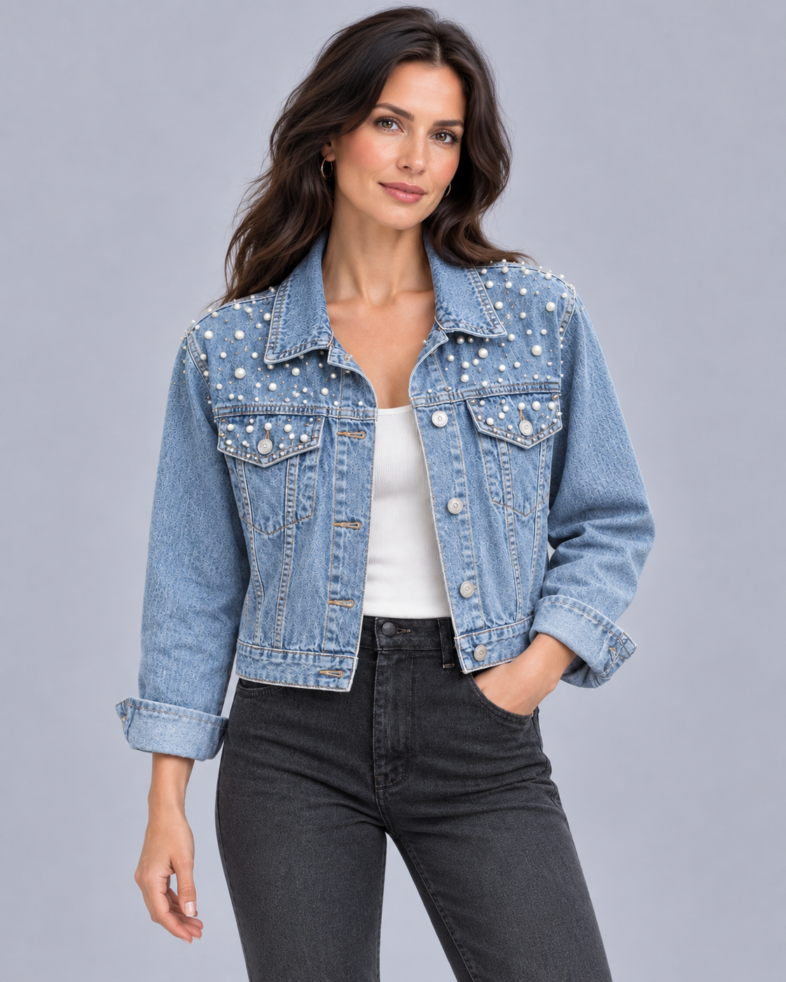 Women's Pearl Embellished Denim Jacket – Cropped, Two Flap Chest Pockets, Relaxed Fit
