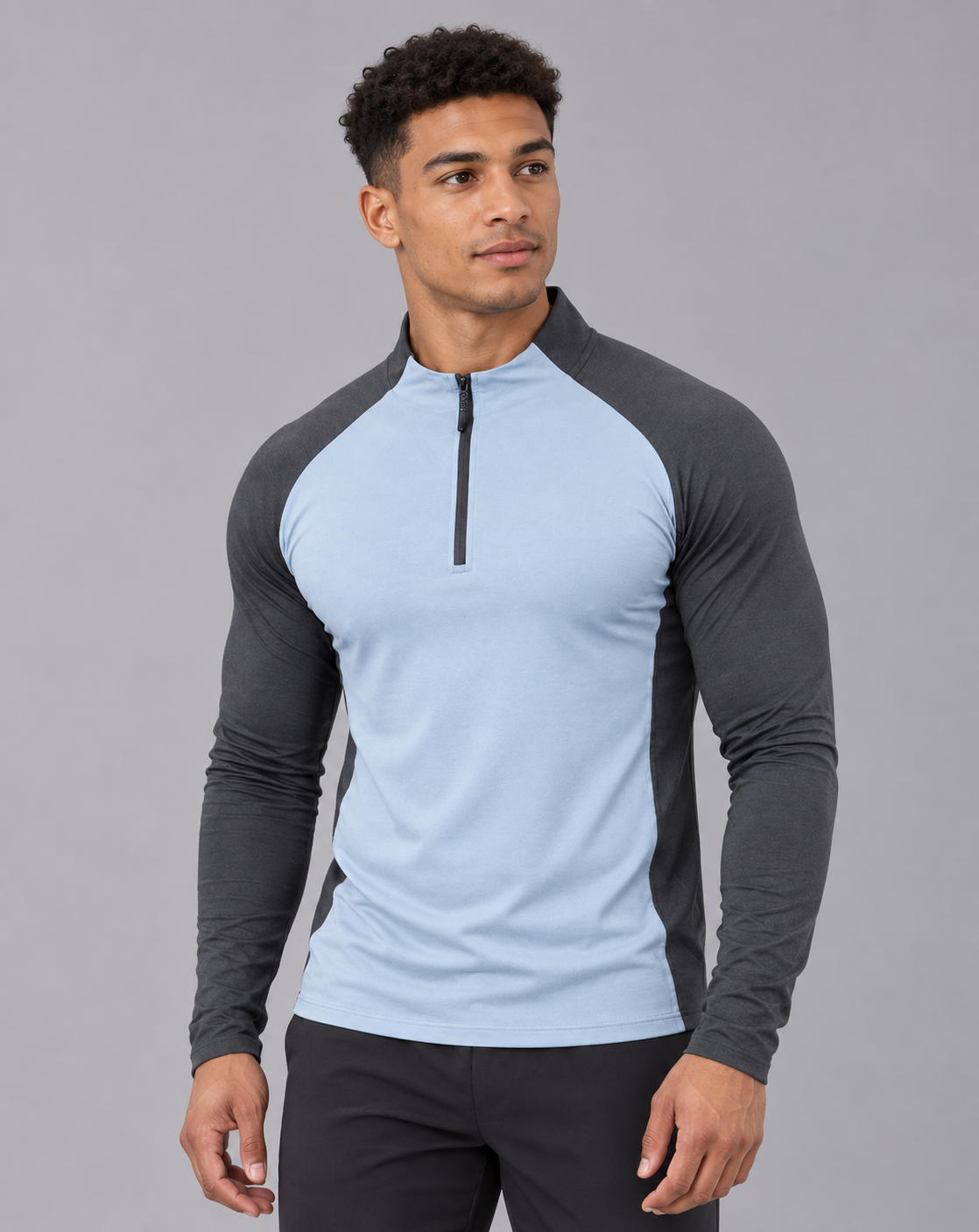 Men's Quarter Zip Top – Long Sleeve, Contrast Raglan Sleeves, Zip Stand Collar, Athletic Fit
