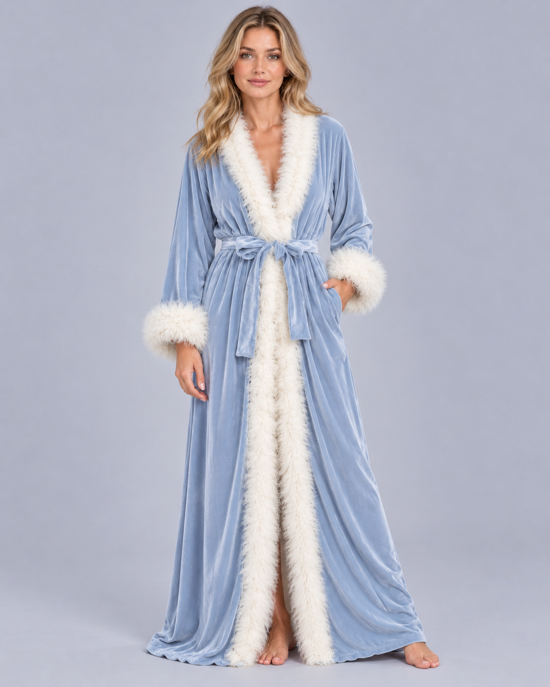 Women's Velvet Dressing Gown with Feather-Style Trim
