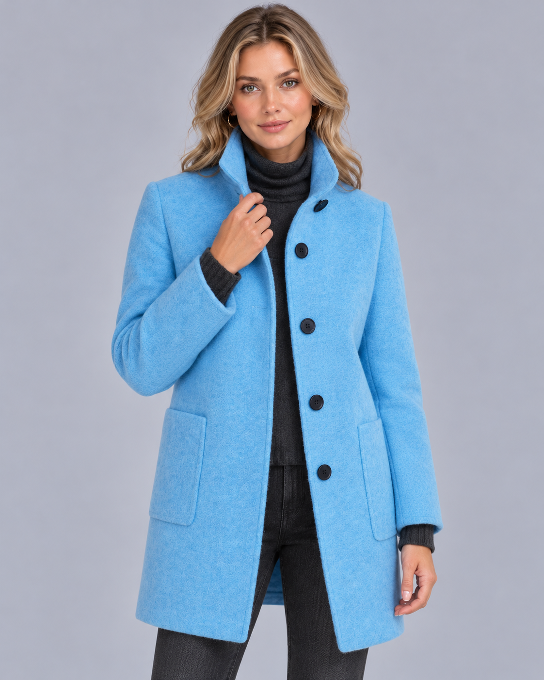 Women's Wool Midi Coat with Stand Collar