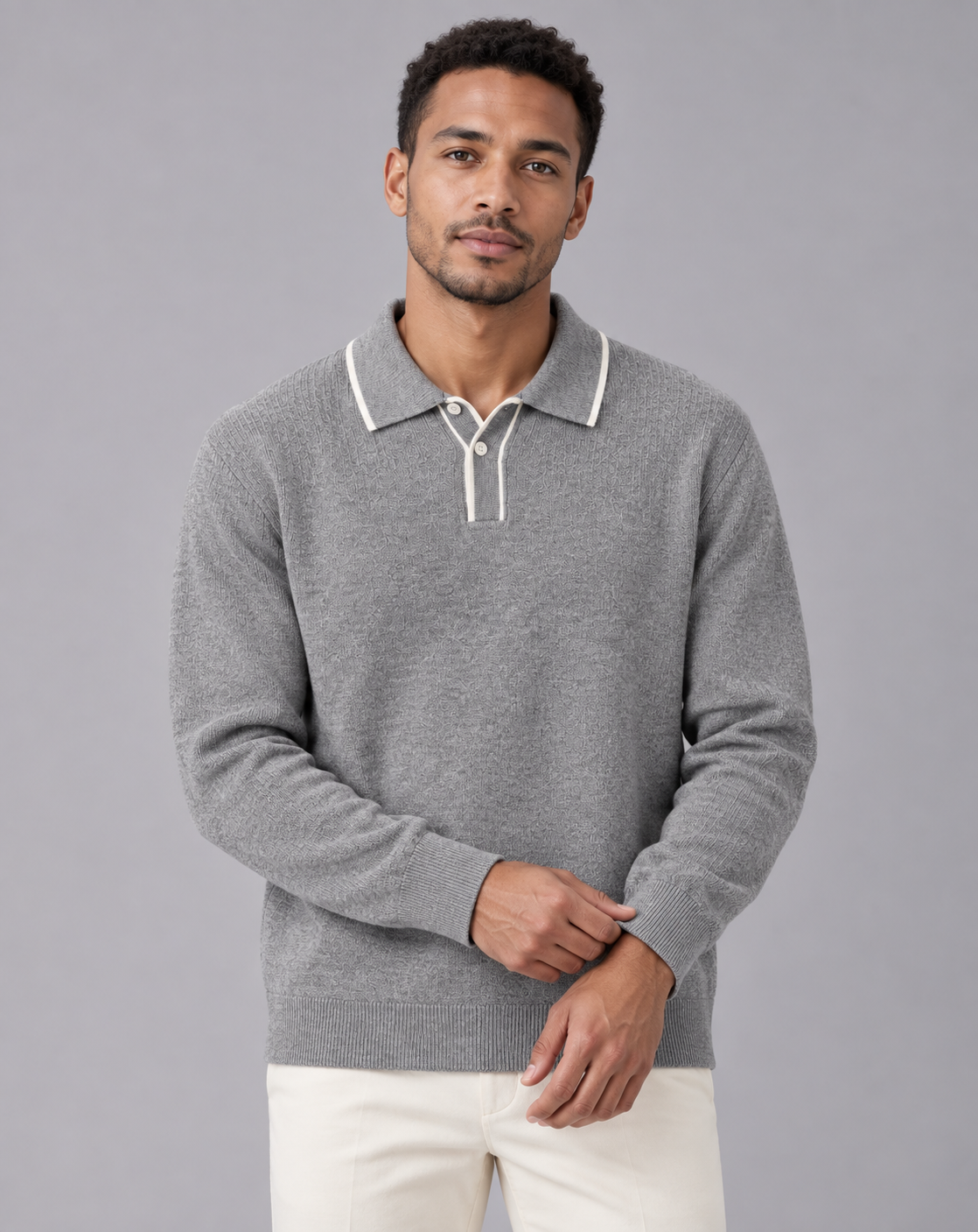 Men's Long Sleeve Knitted Polo Jumper in Linen Blend – Contrast-Tipped Collar
