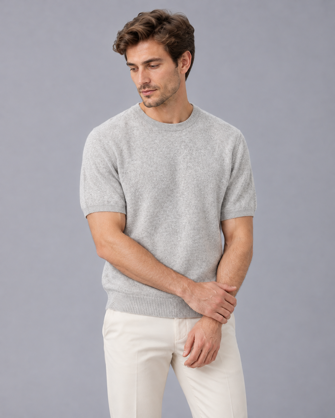 Men's 100% Cashmere Crew Neck T-Shirt with Short Sleeves and Ribbed Trims
