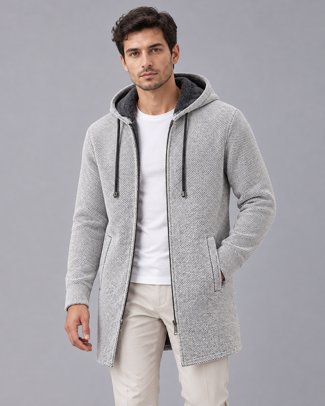 Men's Mid Length Hooded Coat with Zip