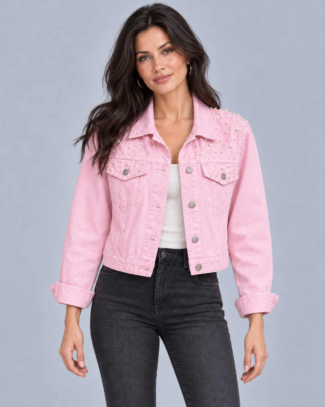 Women's Pearl Embellished Denim Jacket – Cropped, Two Flap Chest Pockets, Relaxed Fit