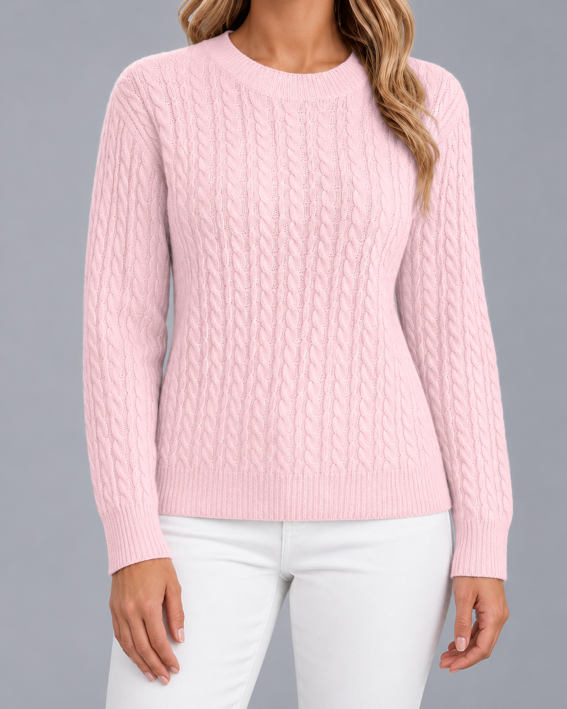 Women's Cable Knit Jumper – Crew Neck, Ribbed Cuffs