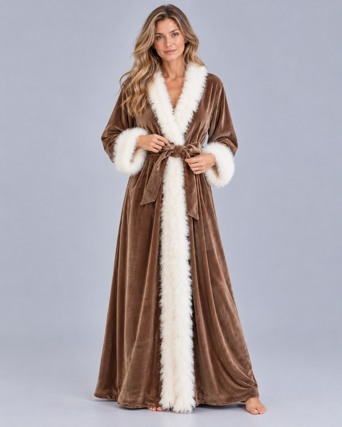 Women's Velvet Dressing Gown with Feather-Style Trim