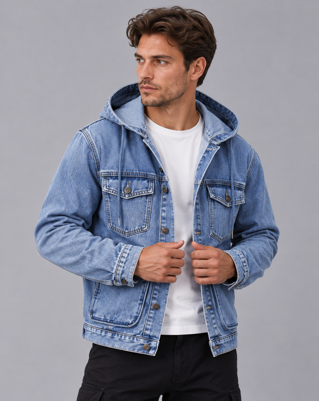 Men's Hooded Denim Jacket – Button Front, Drawstring Hood, Flap Chest Pockets