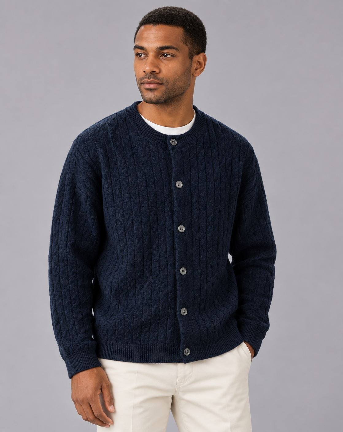 Men's Cable Knit Cardigan – Crew Neck, Six-Button Front, Ribbed Cuffs, Relaxed Fit