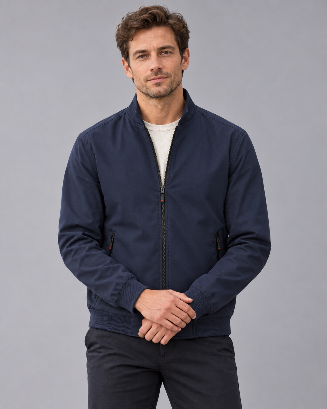 Men's Bomber Jacket – Stand Collar, Full Zip, Two Vertical Zip Pockets, Ribbed Cuffs & Hem, Relaxed Fit