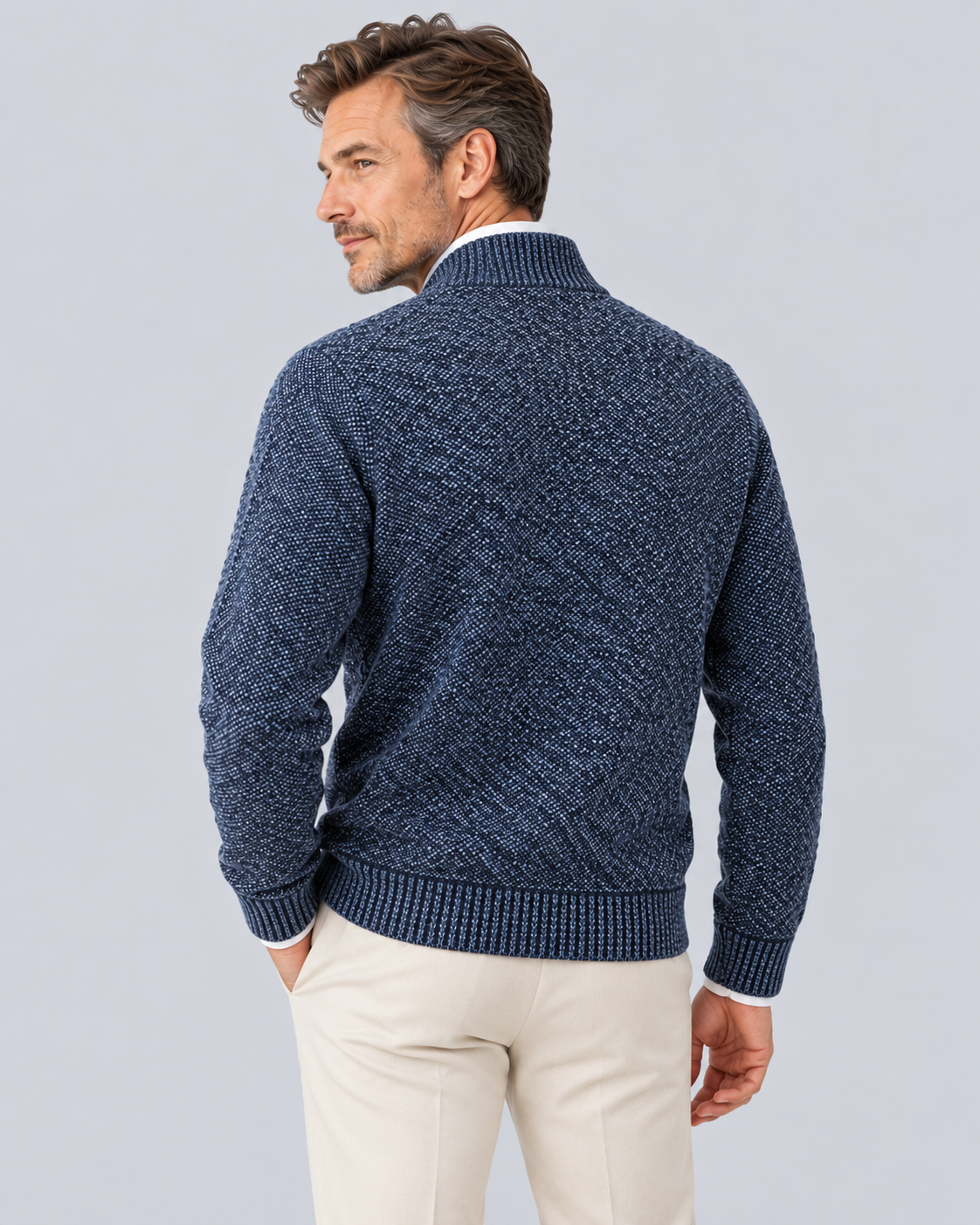 Men's Knitted Quarter Zip Jumper in Textured Polyester – Zip Stand Collar, Ribbed Cuffs & Hem