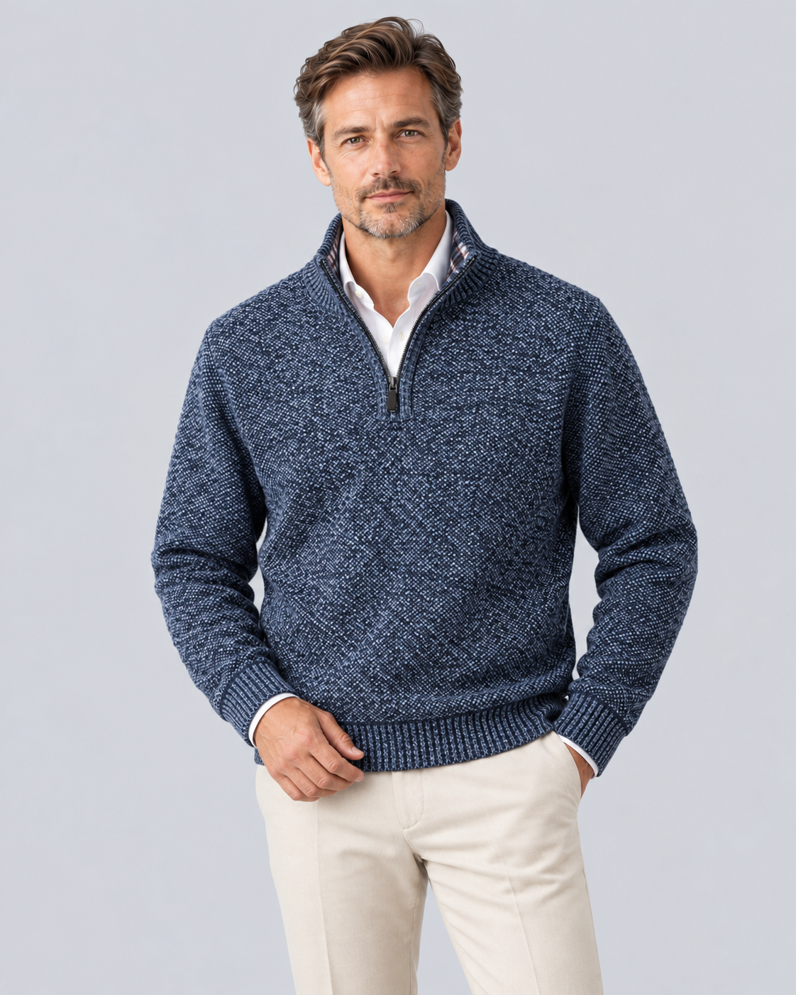 Men's Knitted Quarter Zip Jumper in Textured Polyester – Zip Stand Collar, Ribbed Cuffs & Hem