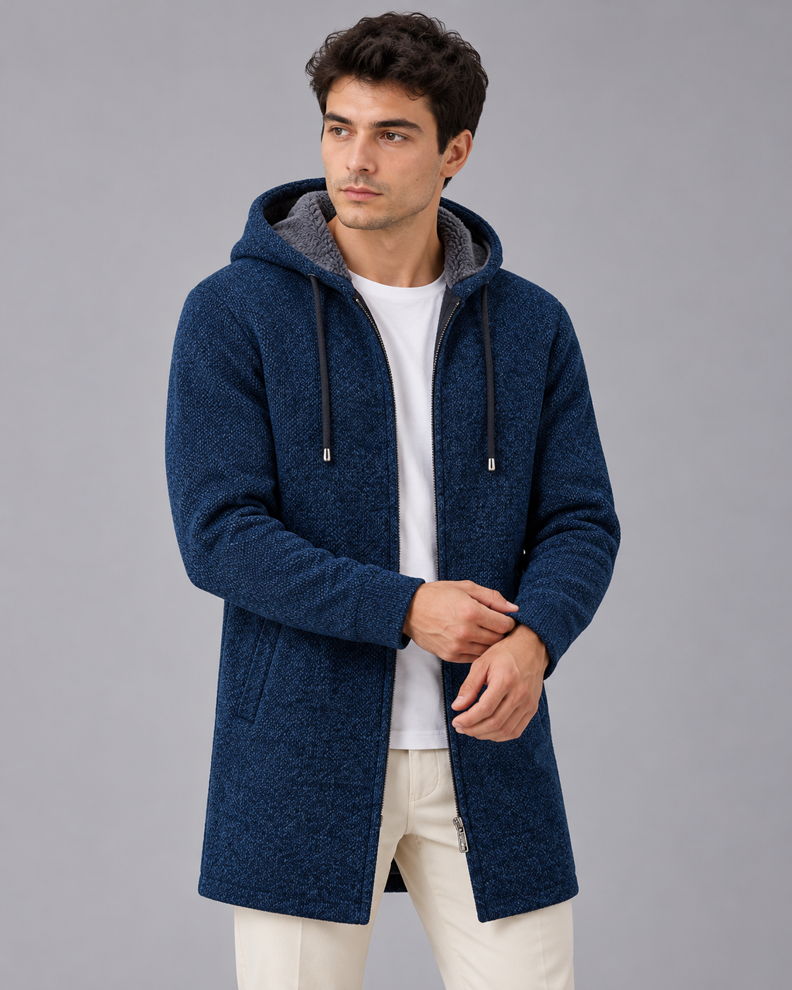 Men's Mid Length Hooded Coat with Zip
