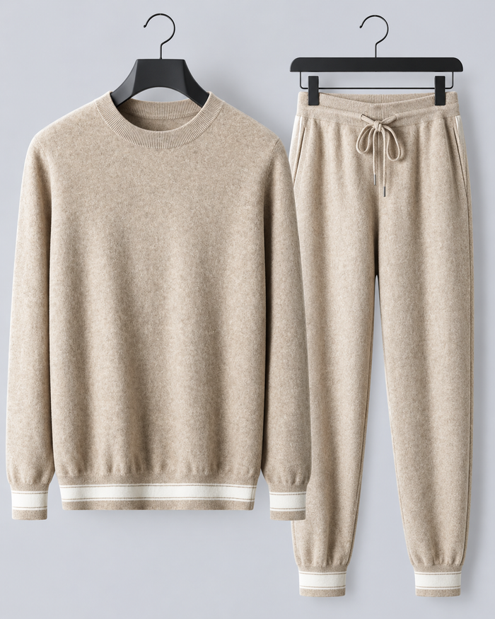 Men's 100% Cashmere Lounge Set with Crew-Neck Jumper and Striped Joggers