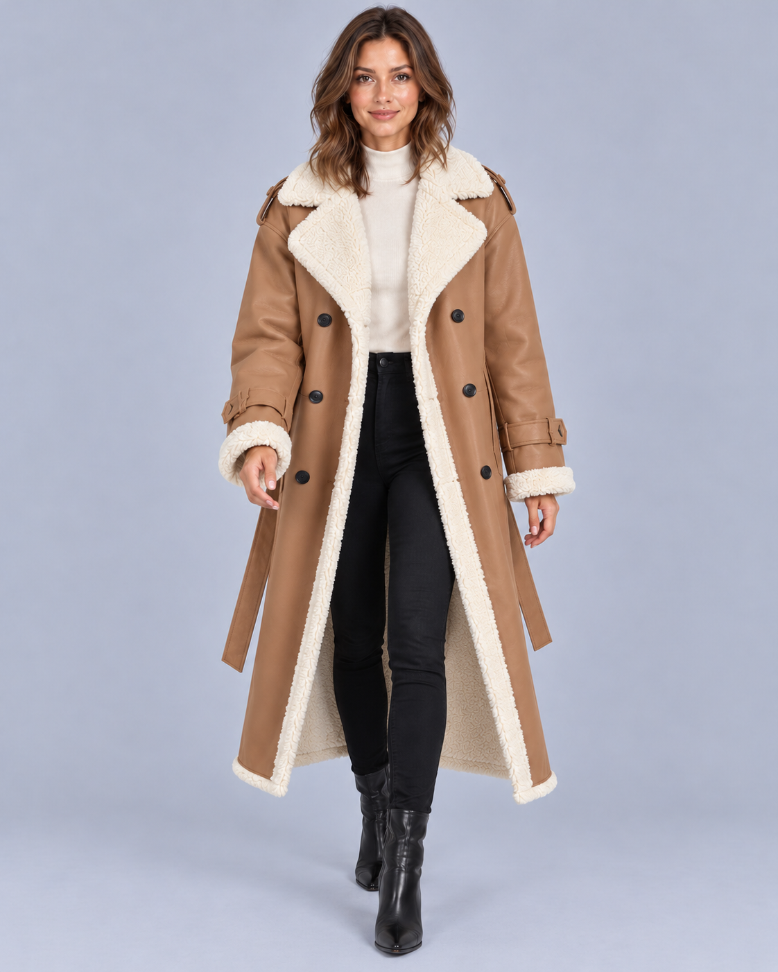 Women's Faux Shearling Longline Coat with Belt