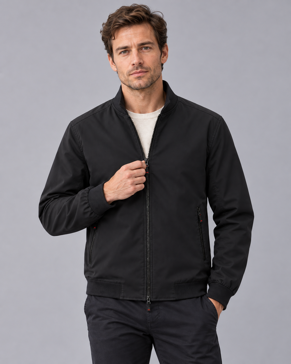 Men's Bomber Jacket – Stand Collar, Full Zip, Two Vertical Zip Pockets, Ribbed Cuffs & Hem, Relaxed Fit