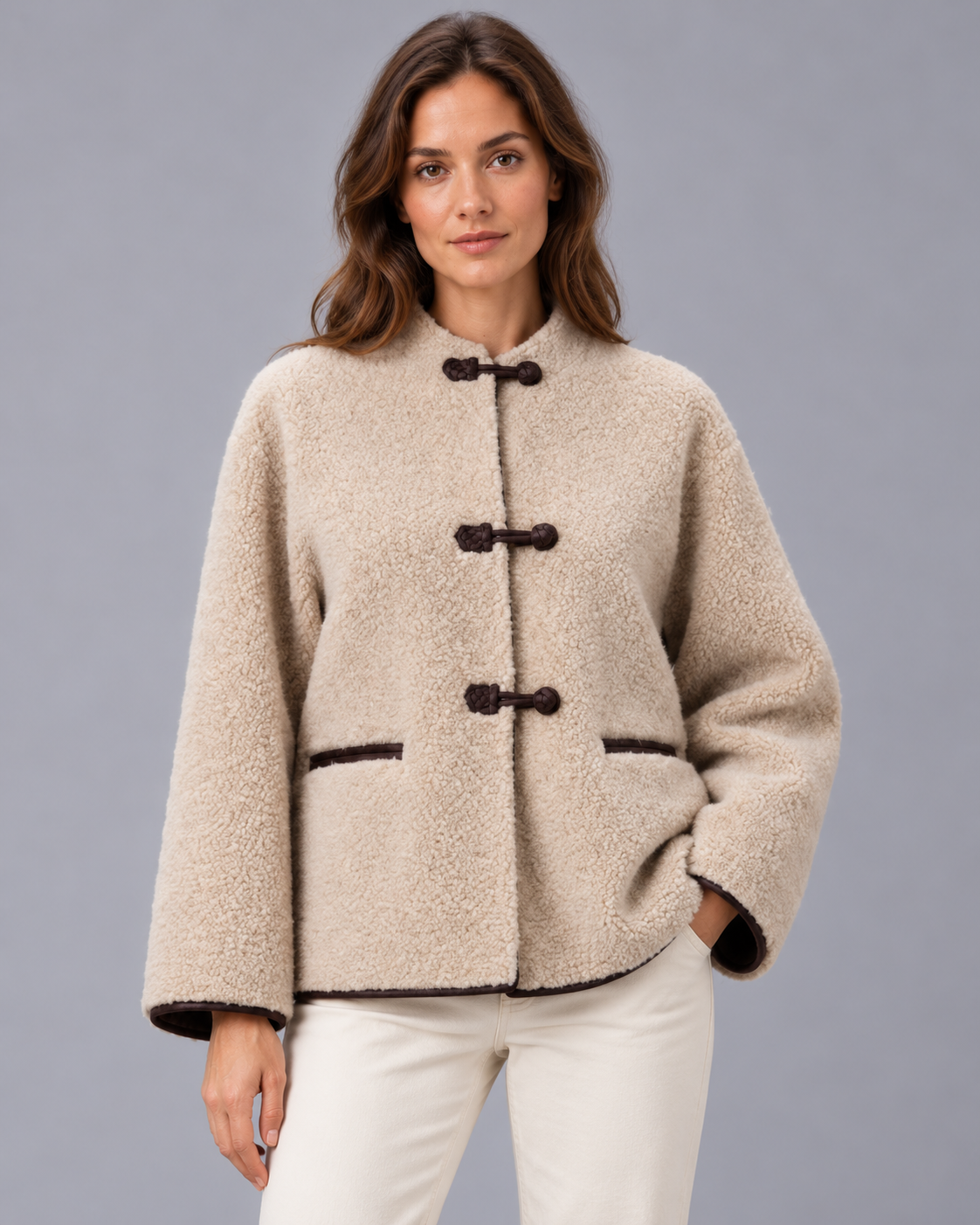 Women's Faux Fur Toggle Jacket – Oversized Fit, Contrast Trim
