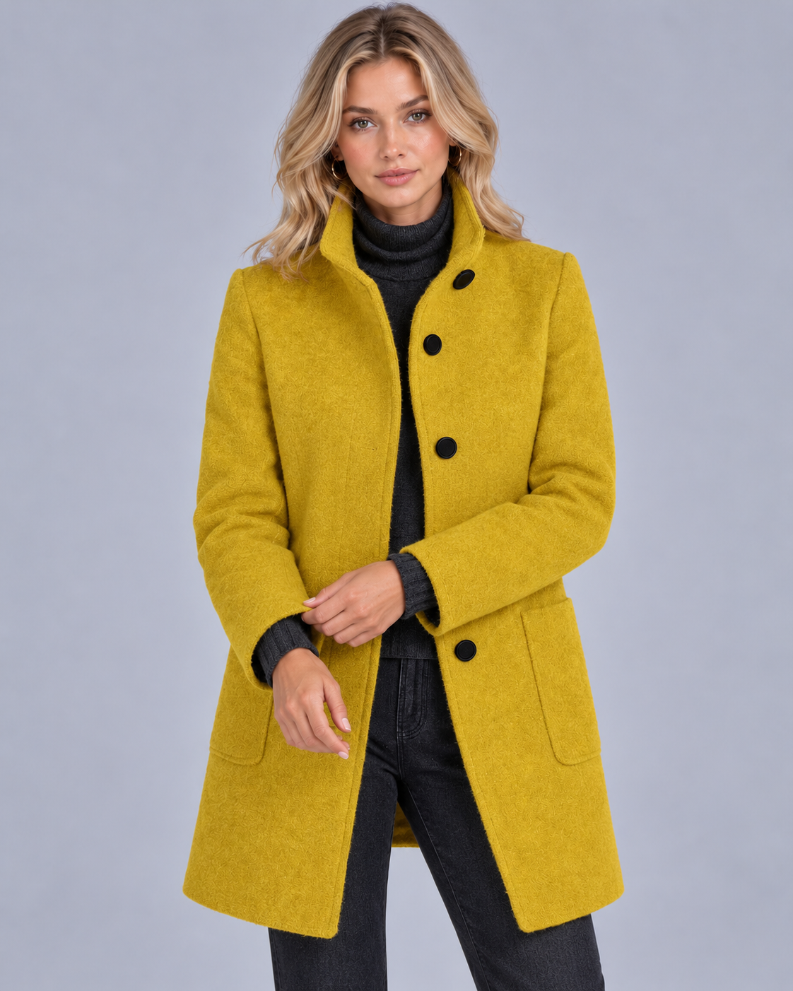 Women's Wool Midi Coat with Stand Collar