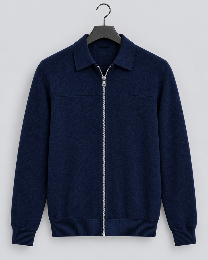 Men's Full-Zip Knitted Cardigan – Polo Collar Fine-Knit Zip Jumper, Tailored Fit