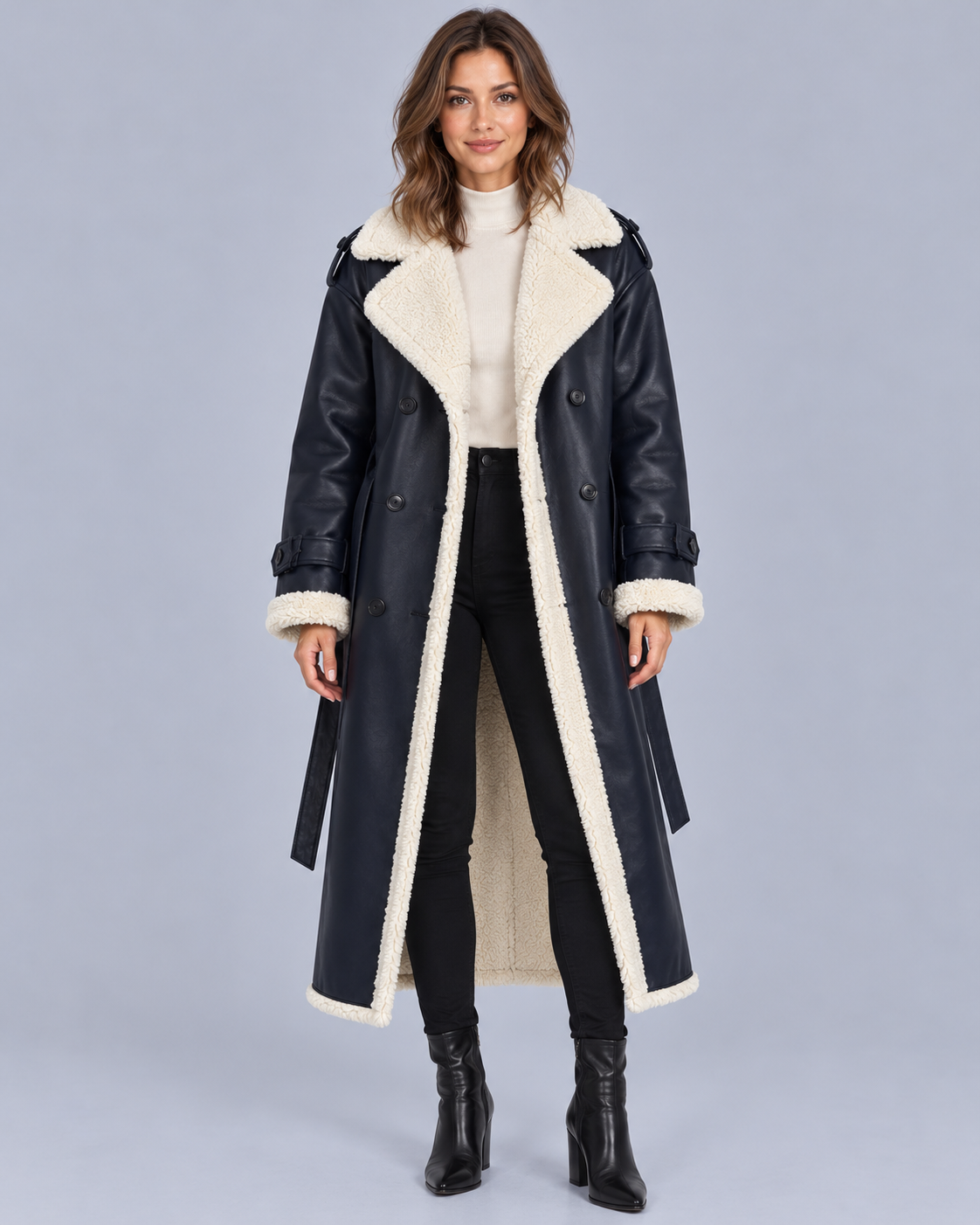 Women's Faux Shearling Longline Coat with Belt