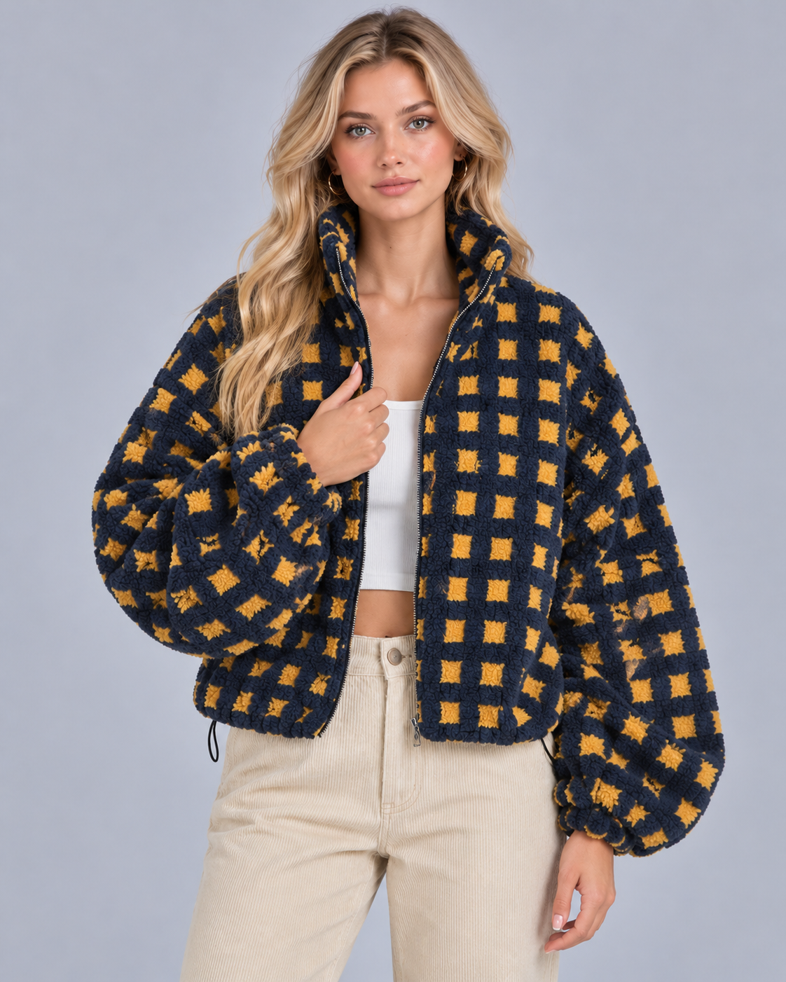 Women's Sherpa Fleece Jacket with Check Pattern