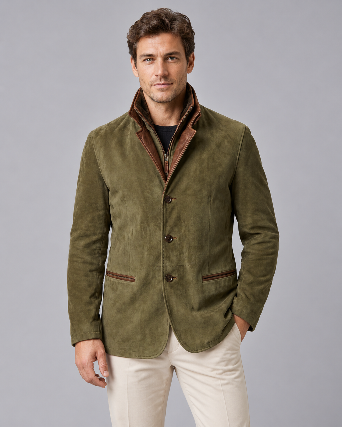 Men's Suede Blazer Jacket – Three-Button Front, Layered Stand Collar with Zip Insert, Contrast Trim