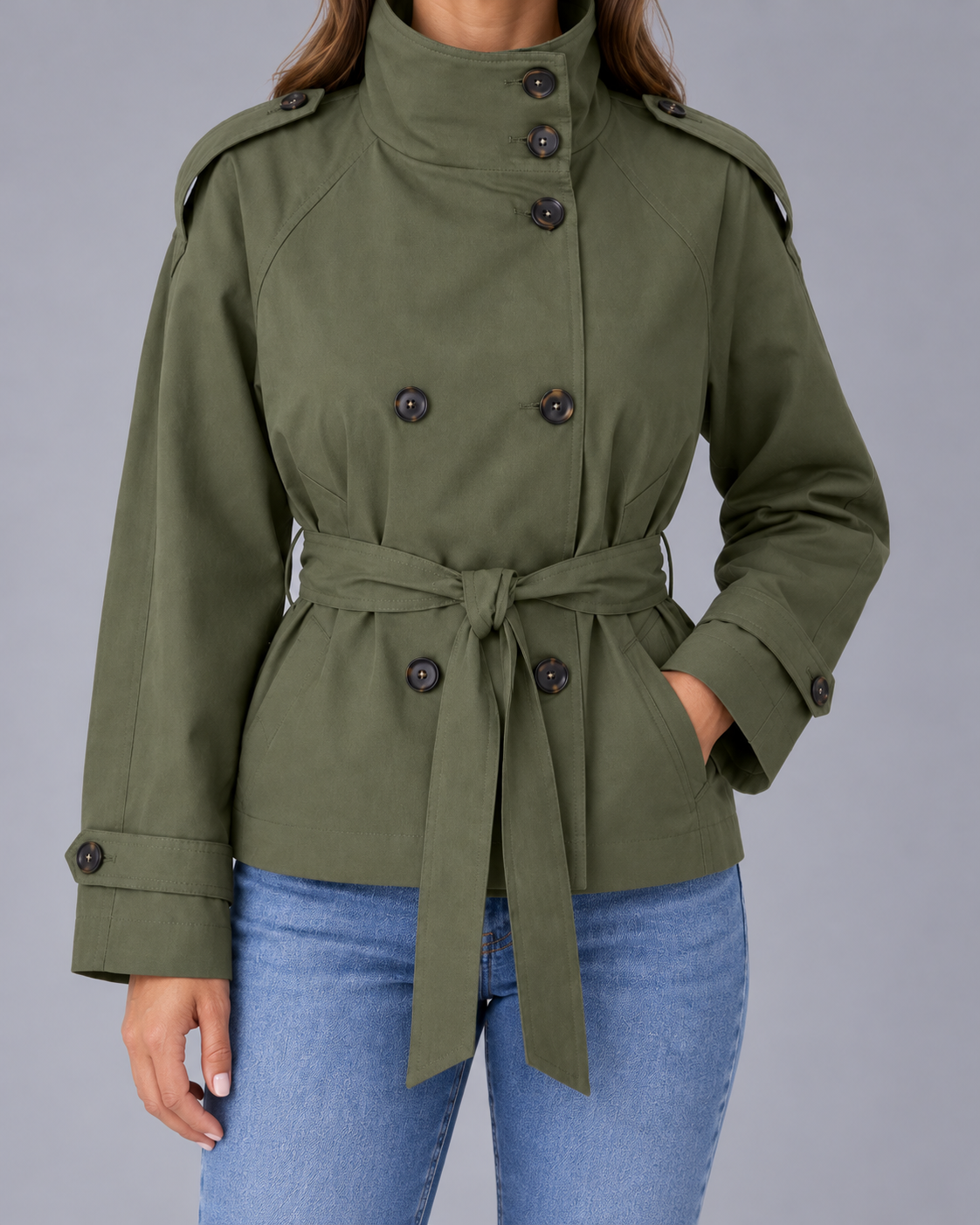 Women’s Cropped Trench Coat | Funnel Neck Tie Waist