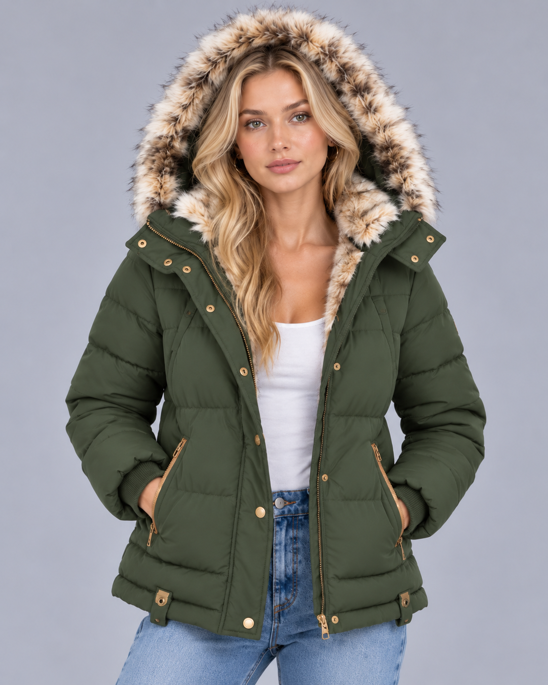 Women's Quilted Jacket with Faux Fur Hood